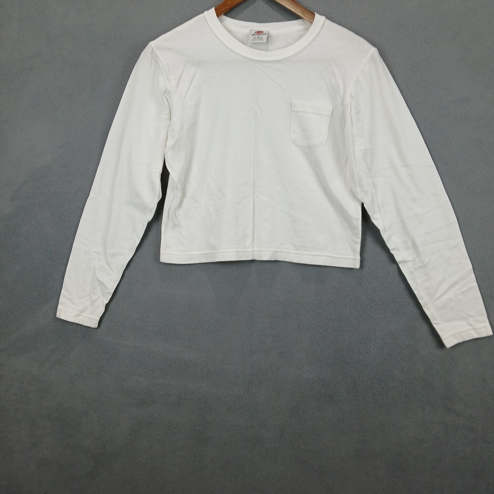 Real Ellemenno Cropped Shirt Women Large White Cotton Stretch Pocket Long Sleeve